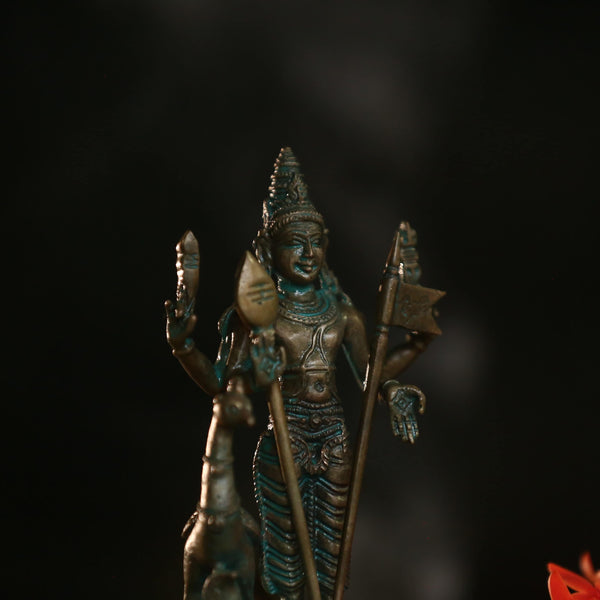 5.5″ Lord Murugan with Vel &amp; Peacock | Handcrafted Panchaloha | Green Patina