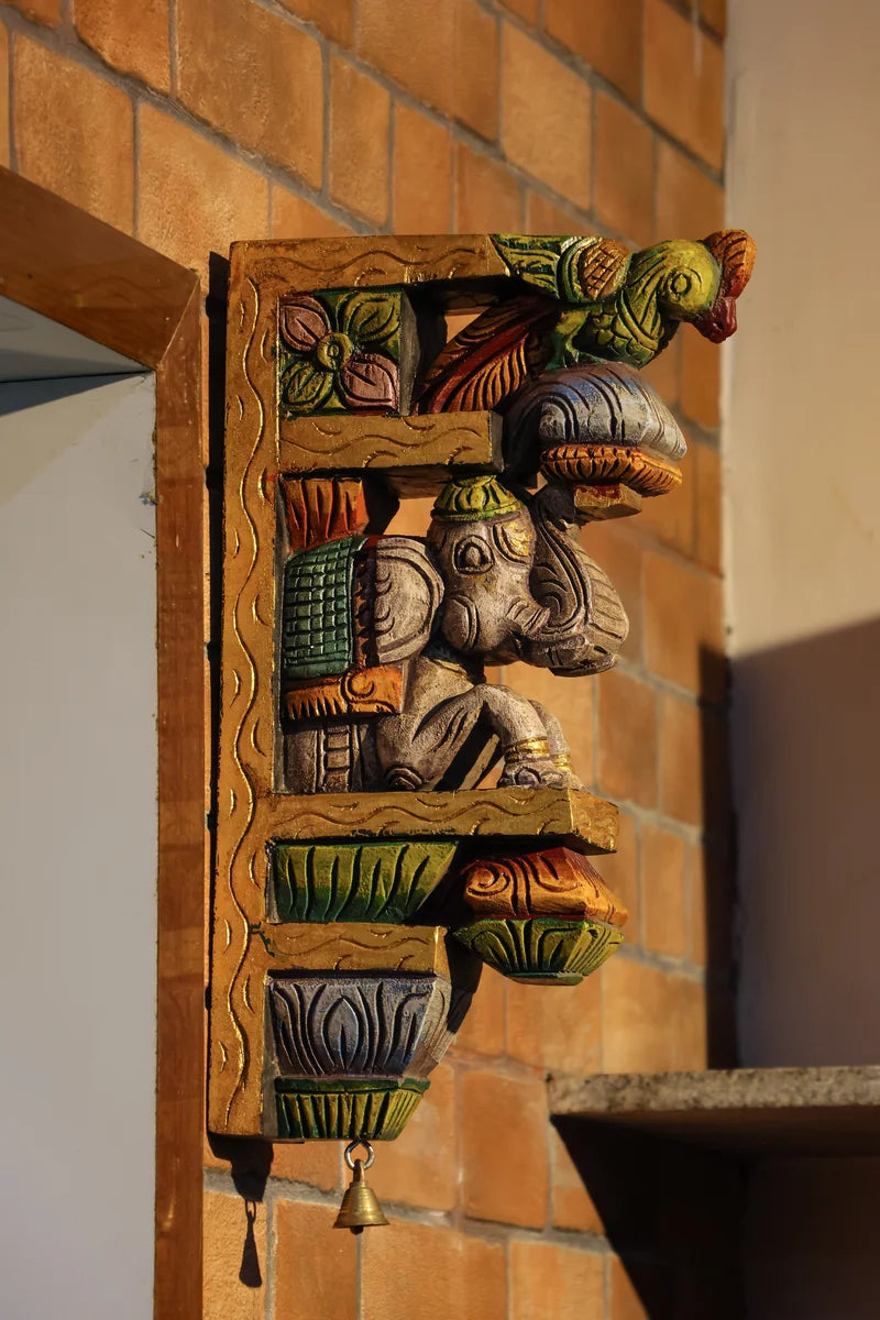15″ Ornamental Elephant Wall Brackets for Home Décor | Handcrafted Wood Carving