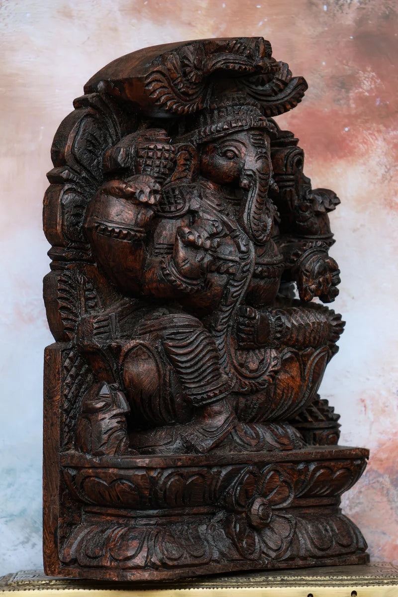 12″ Majestic Ganesha with Arch Wall Hanging for Pooja & Home Décor | Handcrafted Wood Carving