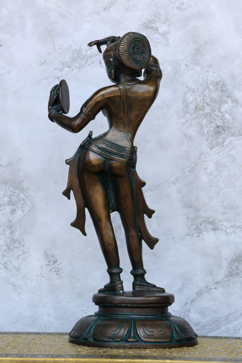 13″ Lady with Mirror Showpiece | Handcrafted Brass | Antique Green Finish — view 5