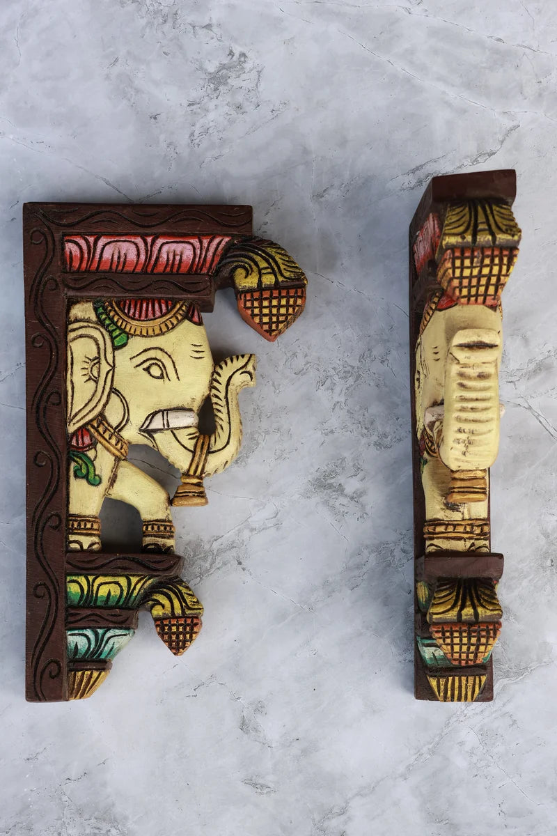 12″ Traditional Elephant Wall Brackets for Home Décor | Handcrafted Wooden Carving
