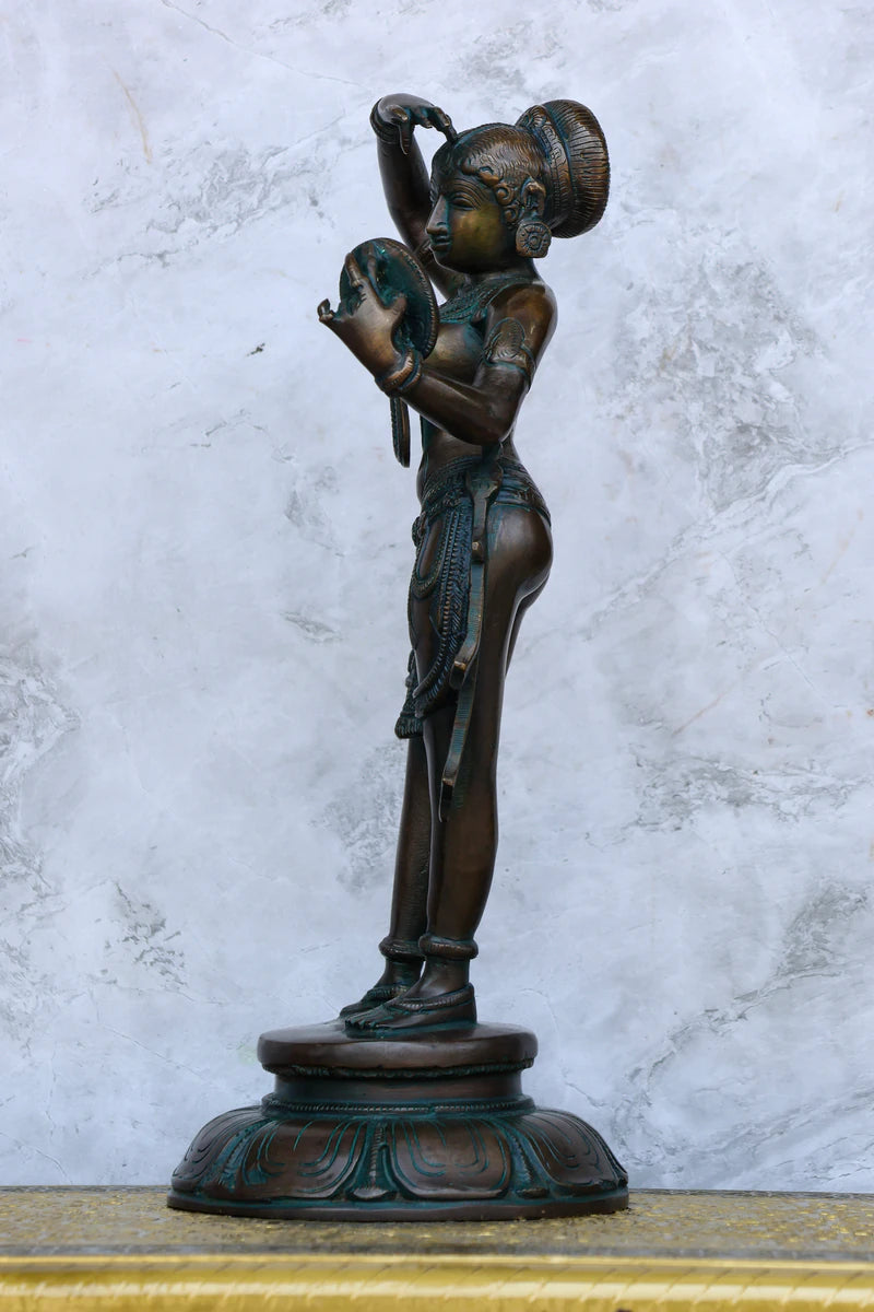 13″ Lady with Mirror Showpiece | Handcrafted Brass | Antique Green Finish — view 3