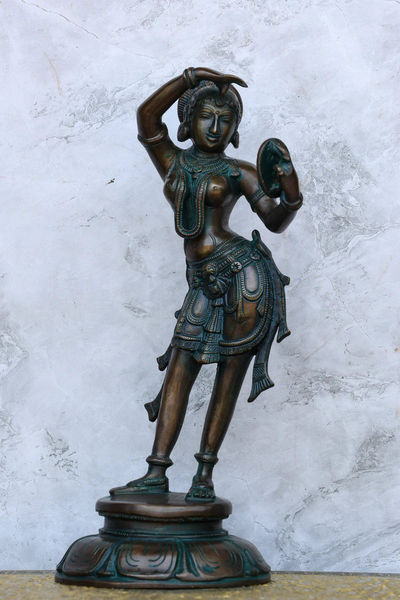 13″ Lady with Mirror Showpiece | Handcrafted Brass | Antique Green Finish