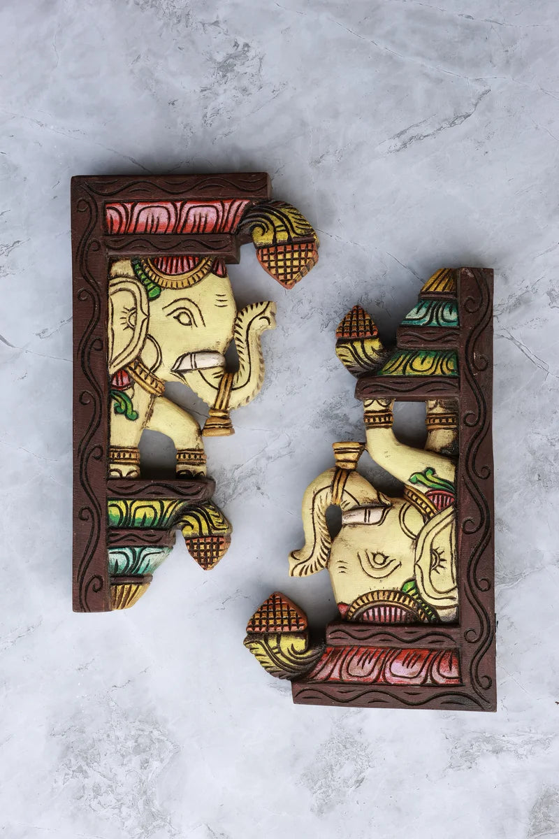 12″ Traditional Elephant Wall Brackets for Home Décor | Handcrafted Wooden Carving
