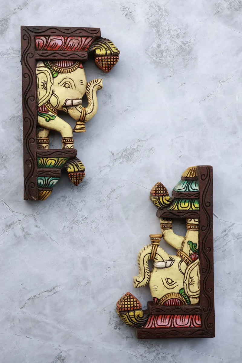 12″ Traditional Elephant Wall Brackets for Home Décor | Handcrafted Wooden Carving