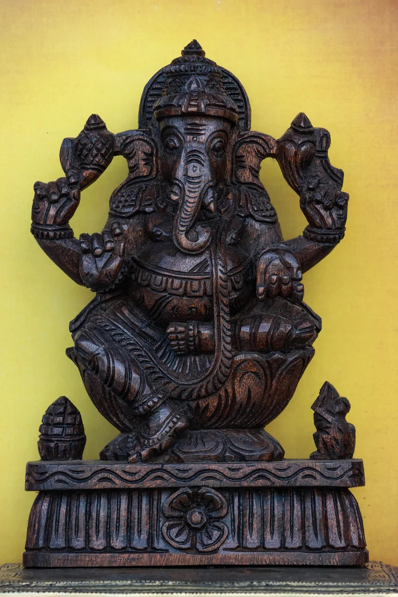 12″ Majestic Ganesha Idol for Pooja & Home Décor | Handcrafted Wood Carving