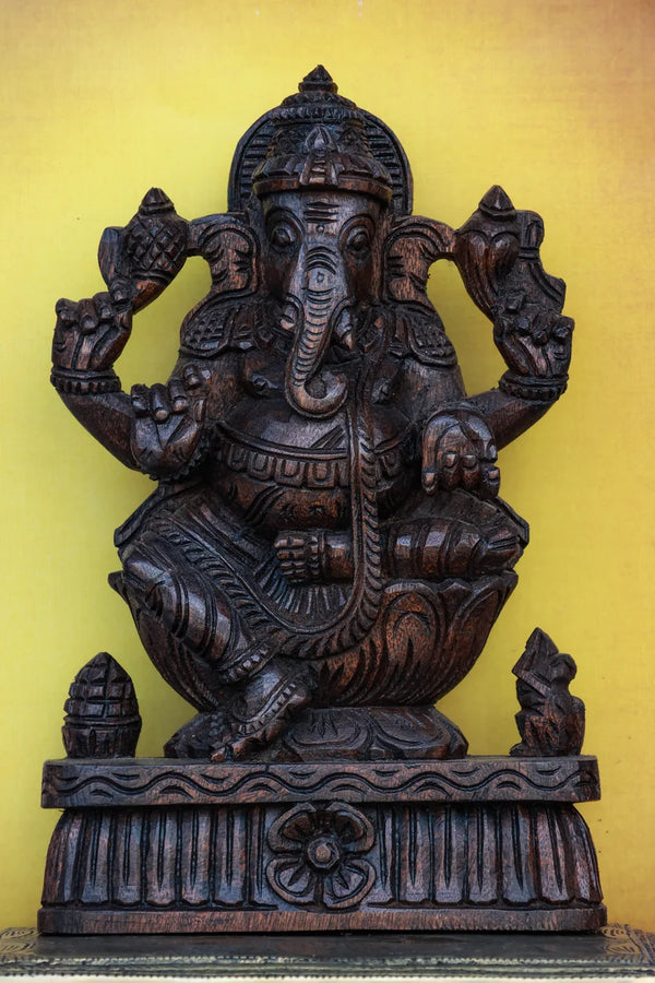 12″ Majestic Ganesha Idol for Pooja & Home Décor | Handcrafted Wood Carving