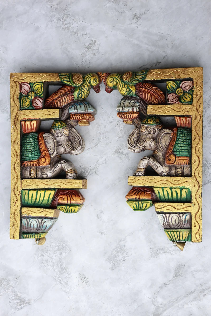 15″ Ornamental Elephant Wall Brackets for Home Décor | Handcrafted Wood Carving