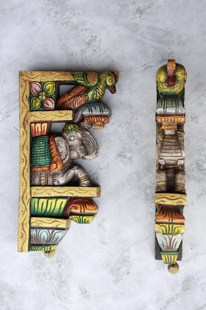 15″ Ornamental Elephant Wall Brackets for Home Décor | Handcrafted Wood Carving