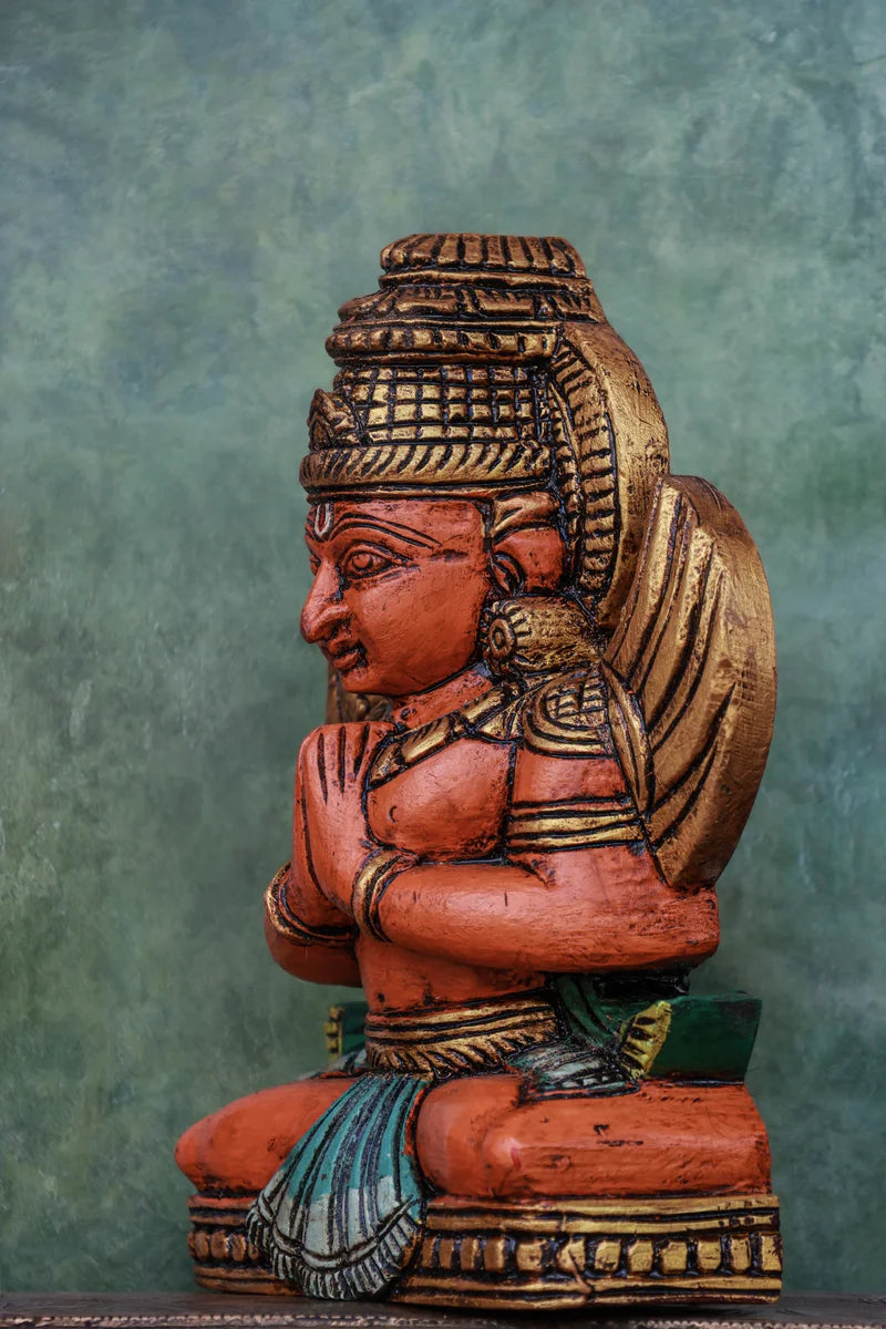 9″ Sacred Sitting Garudan Idol for Pooja &amp; Home Décor | Handcrafted Wood Carving | Antique Colour Finish