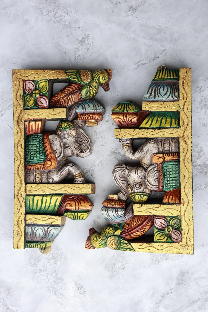 15″ Ornamental Elephant Wall Brackets for Home Décor | Handcrafted Wood Carving