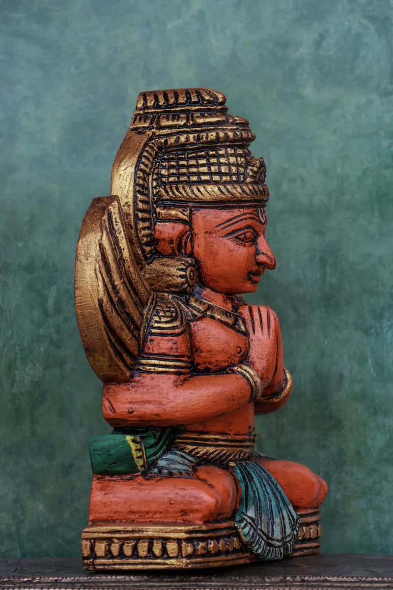 9″ Sacred Sitting Garudan Idol for Pooja &amp; Home Décor | Handcrafted Wood Carving | Antique Colour Finish