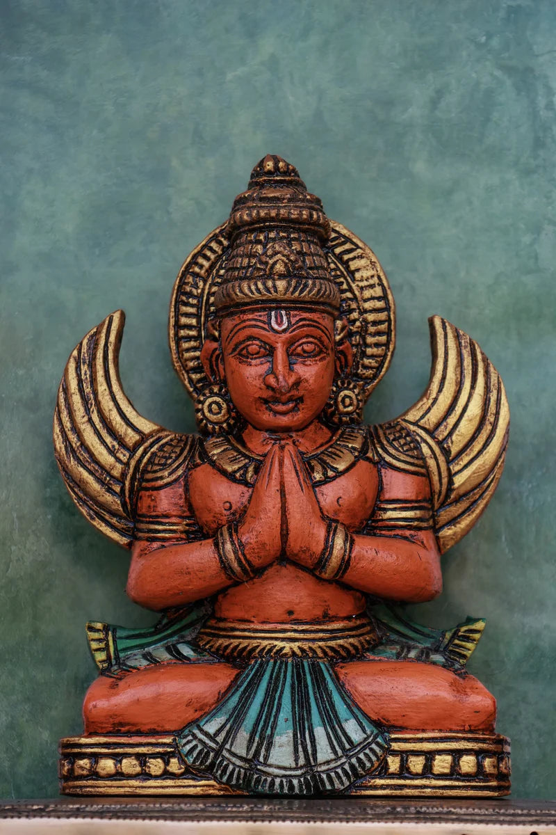 9″ Sacred Sitting Garudan Idol for Pooja &amp; Home Décor | Handcrafted Wood Carving | Antique Colour Finish
