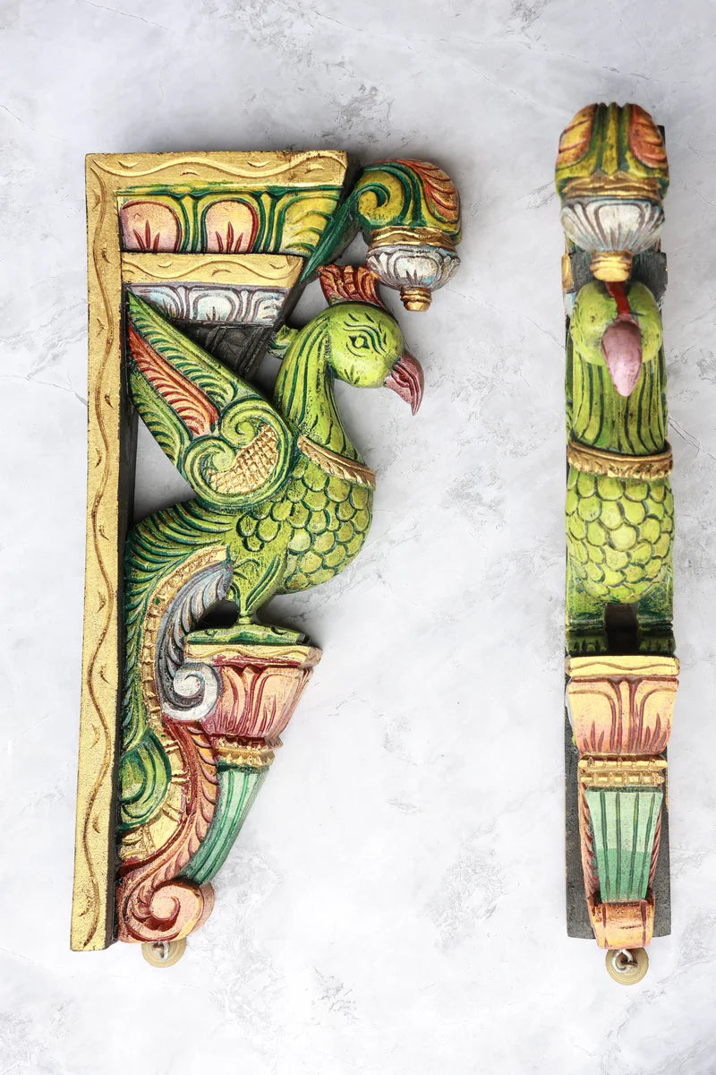 18″ Vibrant Parrot Wall Brackets for Home Décor | Handcrafted Wood Carving