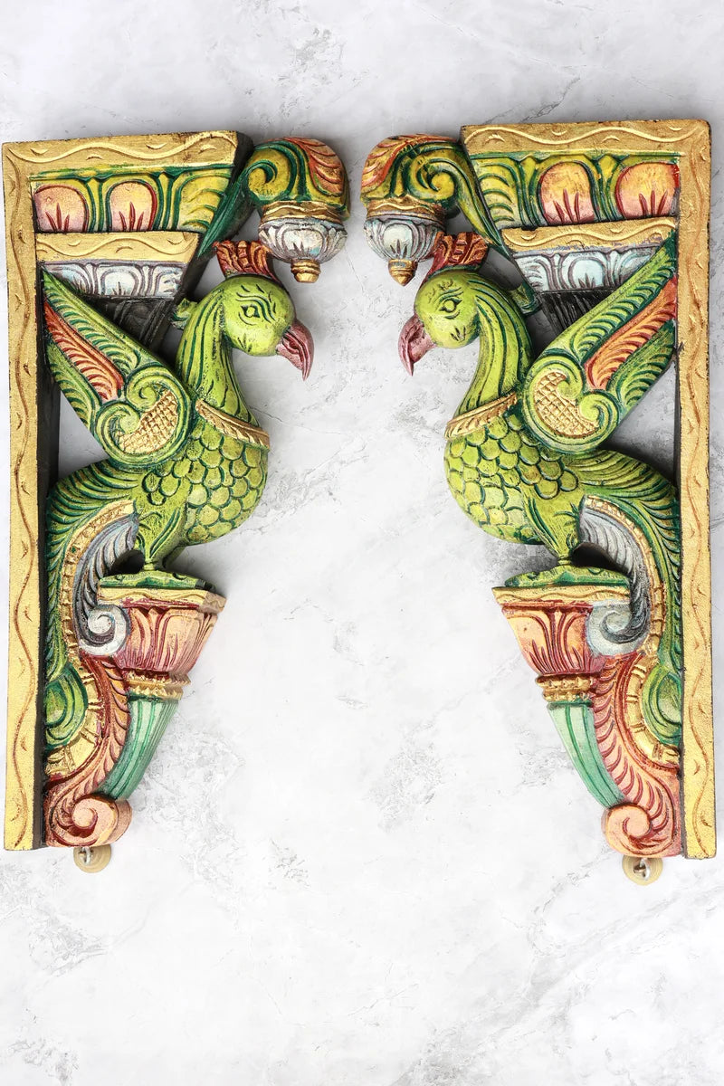 18″ Vibrant Parrot Wall Brackets for Home Décor | Handcrafted Wood Carving