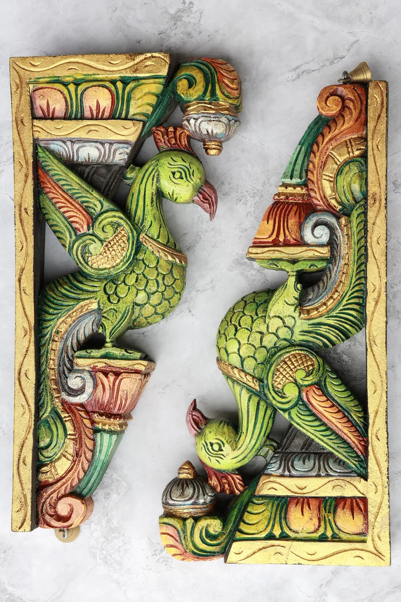 18″ Vibrant Parrot Wall Brackets for Home Décor | Handcrafted Wood Carving