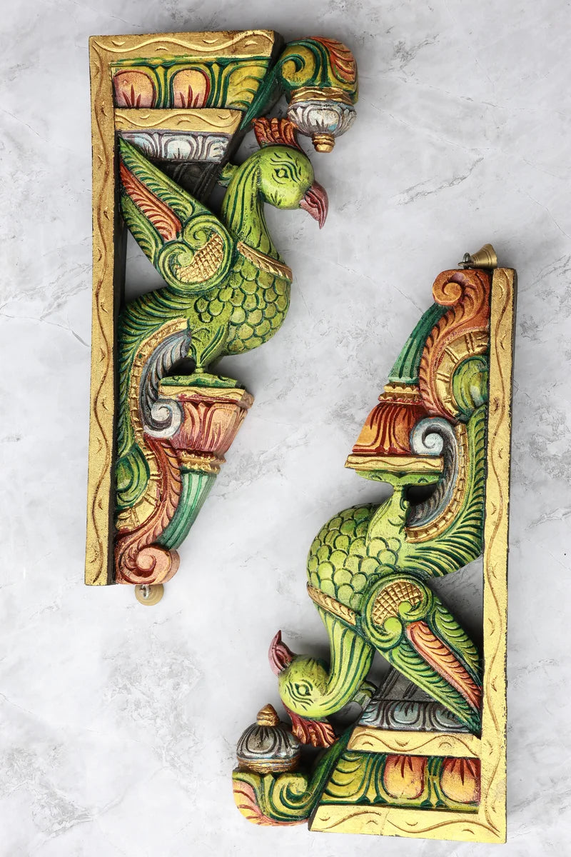 18″ Vibrant Parrot Wall Brackets for Home Décor | Handcrafted Wood Carving