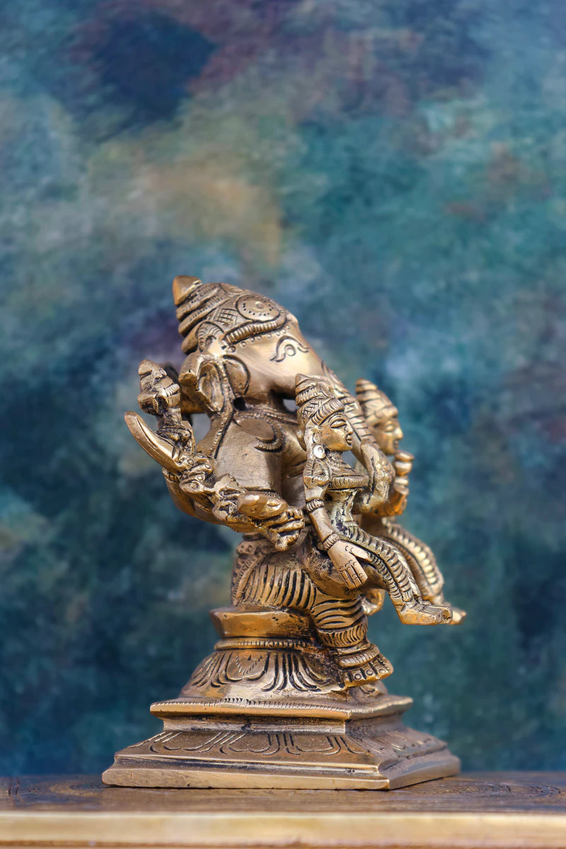 4″ Auspicious Riddhi Siddhi Ganesha | Handcrafted Brass