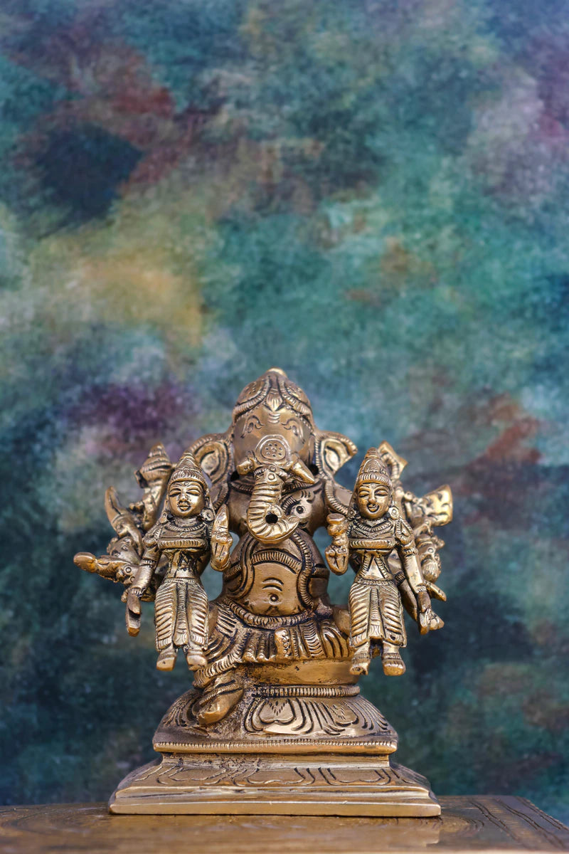 4″ Auspicious Riddhi Siddhi Ganesha | Handcrafted Brass