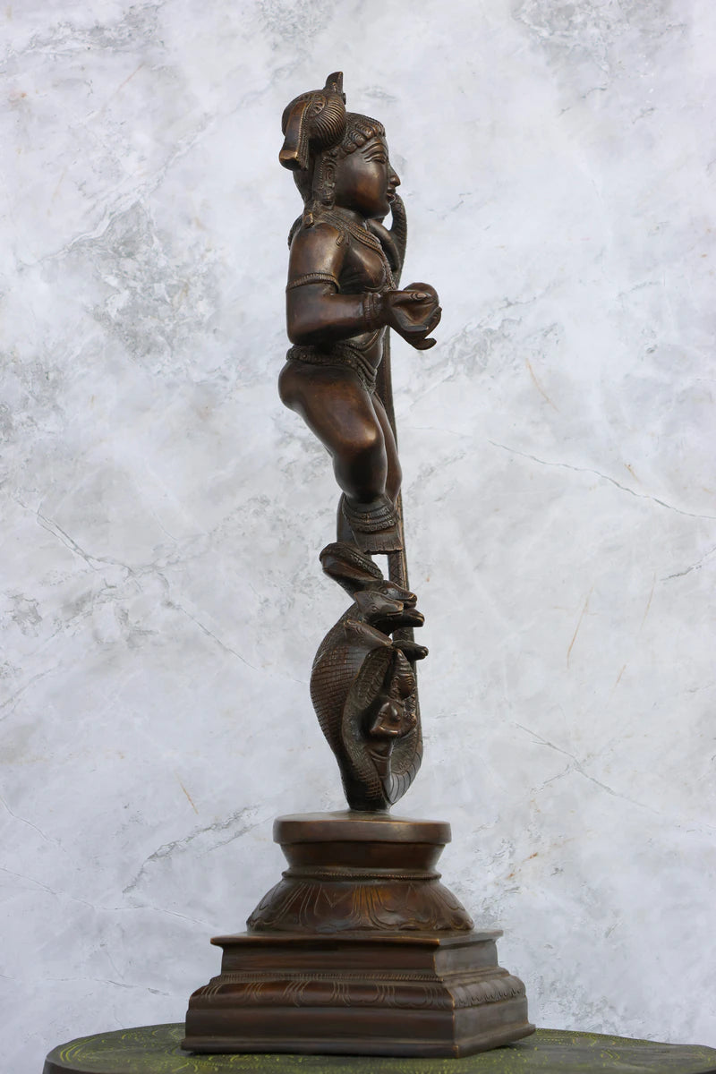 18.5″ Kalinga Krishna (Krishna on Snake) | Handcrafted Brass | Antique Brown Finish — view 5