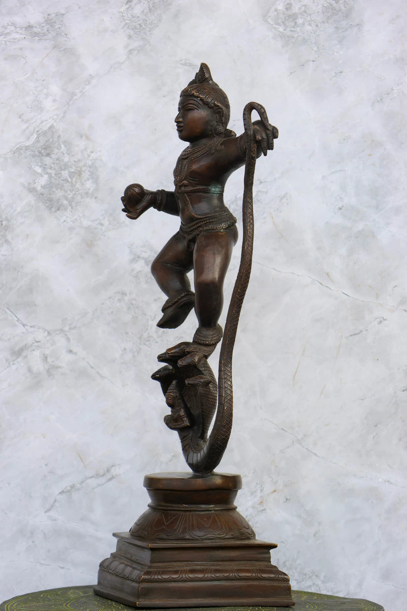18.5″ Kalinga Krishna (Krishna on Snake) | Handcrafted Brass | Antique Brown Finish — view 3