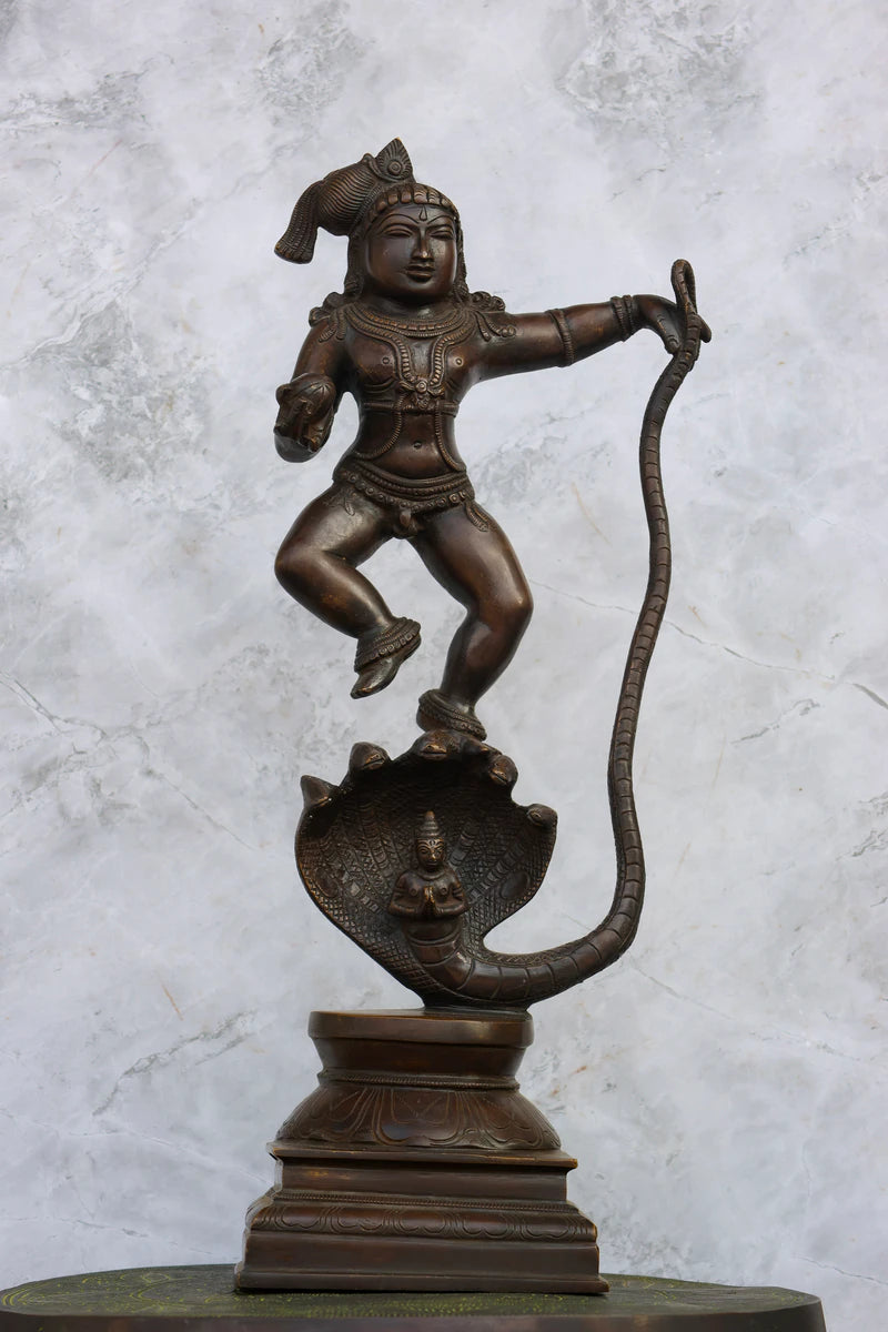 18.5″ Kalinga Krishna (Krishna on Snake) | Handcrafted Brass | Antique Brown Finish