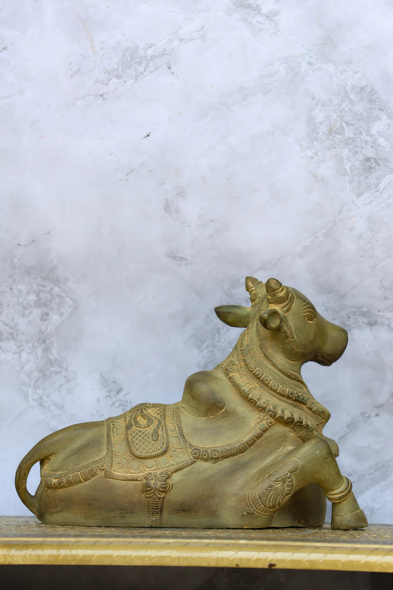 7″ Nandhi Sitting | Handcrafted Brass | Green Stone Finish — view 5