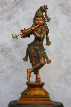 24″ Standing Flute Krishna | Handcrafted Brass | Double Chola Finish