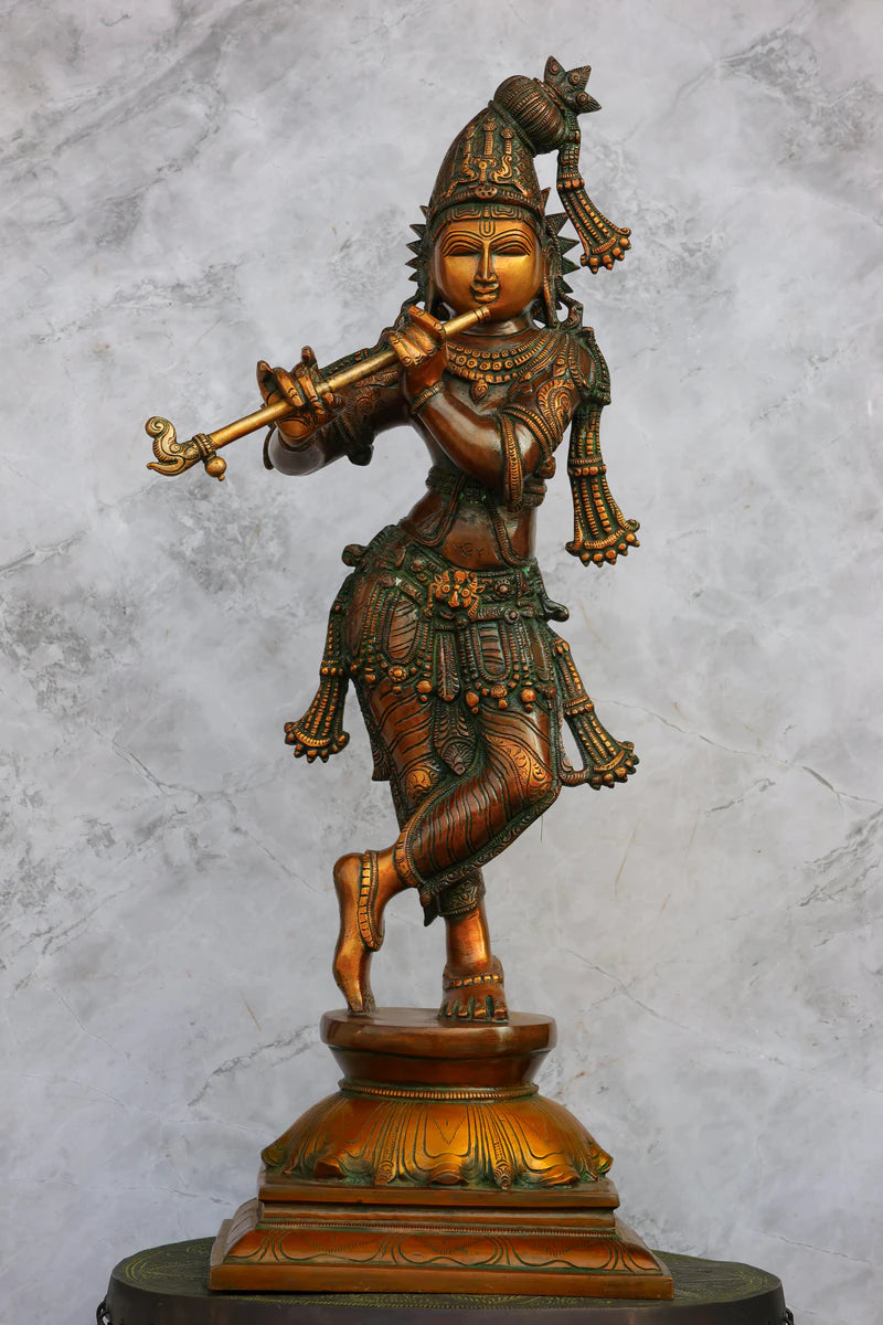 24″ Standing Flute Krishna | Handcrafted Brass | Double Chola Finish