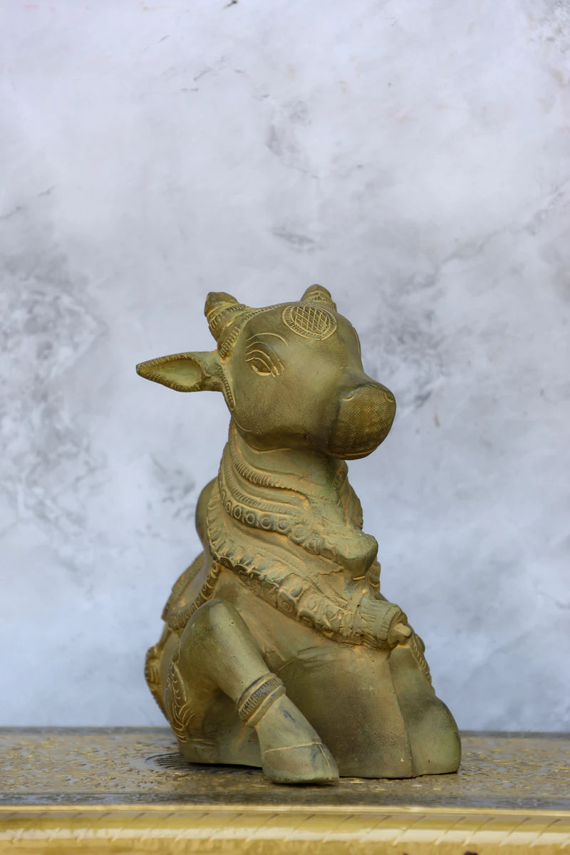 7″ Nandhi Sitting | Handcrafted Brass | Green Stone Finish — view 3