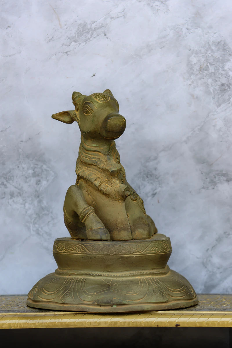 10″ Nandhi with Base | Handcrafted Brass | Green Stone Finish — view 3