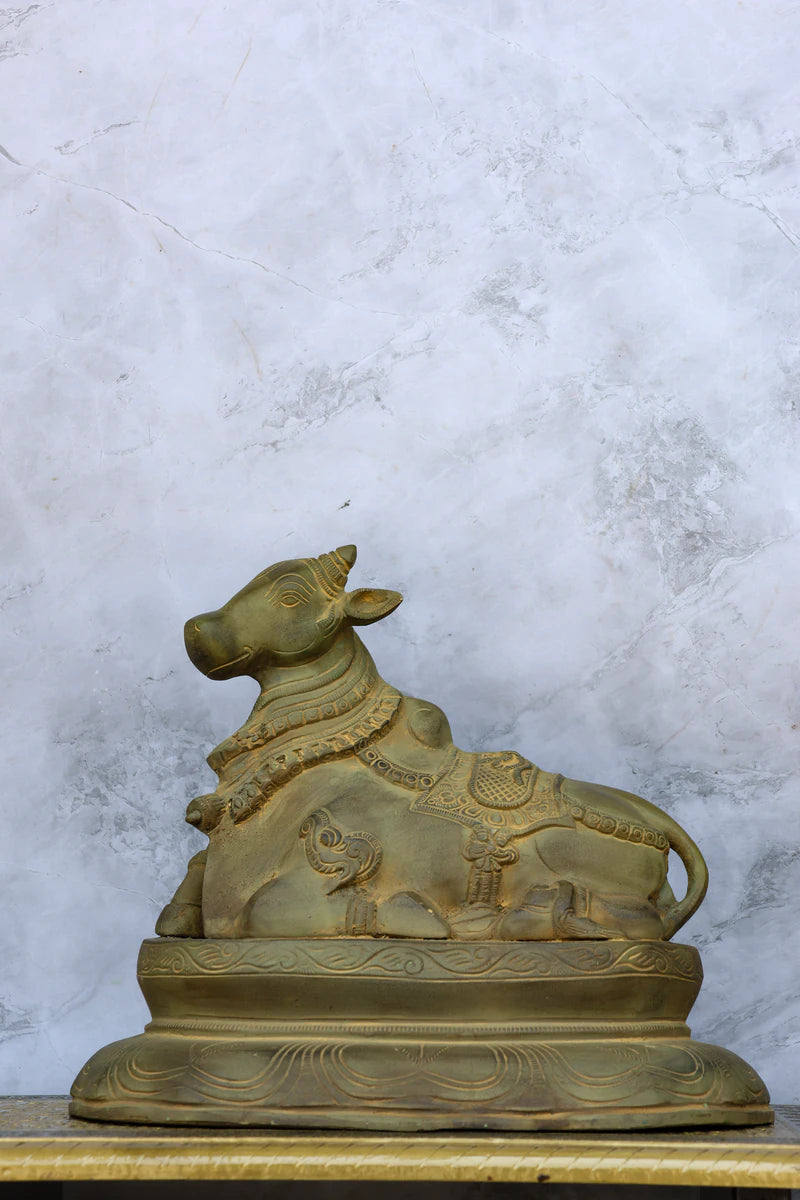 10″ Nandhi with Base | Handcrafted Brass | Green Stone Finish