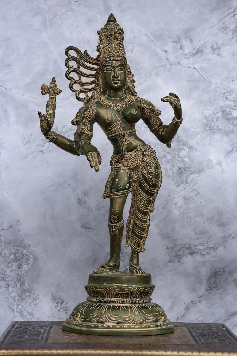 16" Divine Ardhanareeswarar | Handcrafted Brass | Antique Green Patina