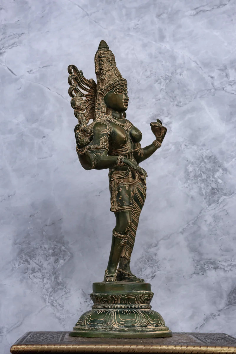 16" Divine Ardhanareeswarar | Handcrafted Brass | Antique Green Patina