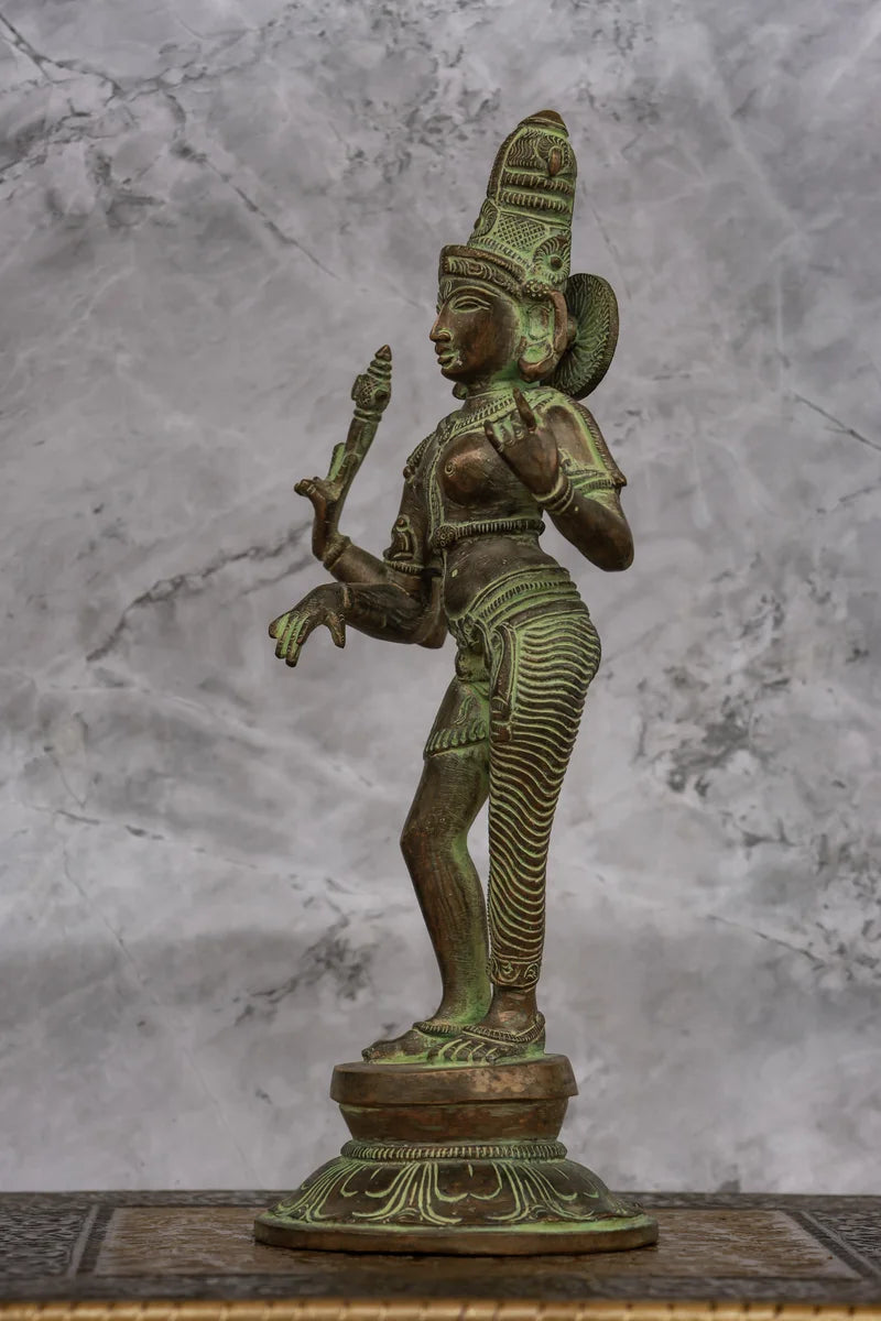 11″ Divine Ardhanareeswarar | Handcrafted Brass | Antique Green Finish