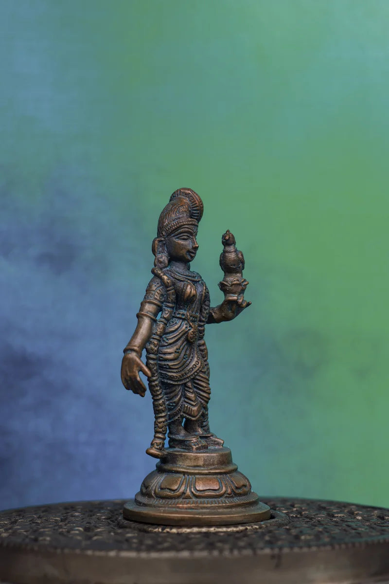4″ Divine Andal with Parrot | Handcrafted Panchaloha | Green Patina