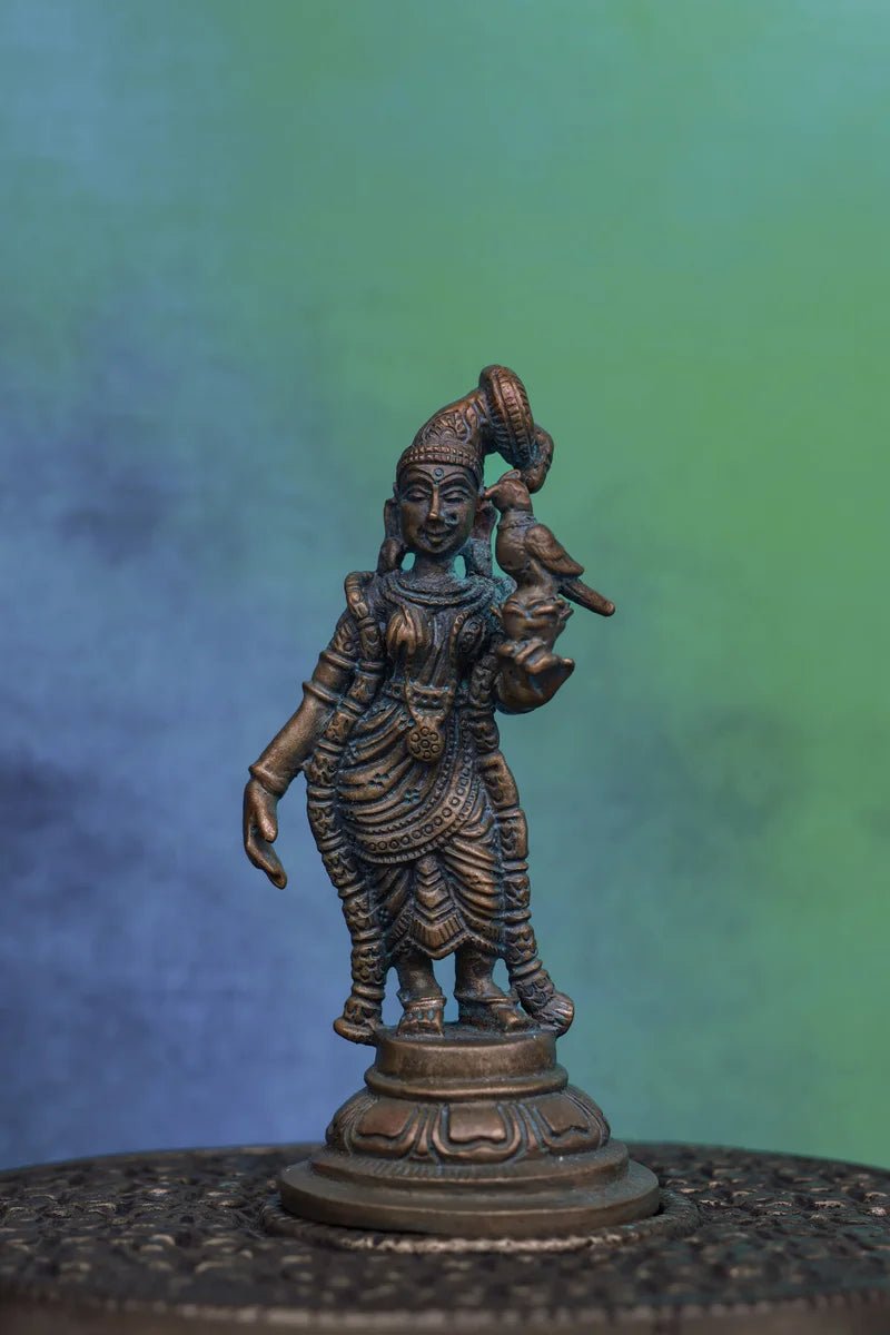 4″ Divine Andal with Parrot | Handcrafted Panchaloha | Green Patina