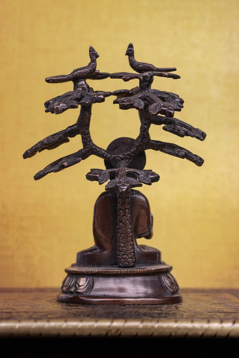 6″ Meditating Buddha Under Bodhi Tree | Handcrafted Brass | Antique Brown Finish