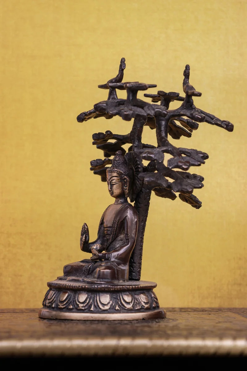 6″ Meditating Buddha Under Bodhi Tree | Handcrafted Brass | Antique Brown Finish