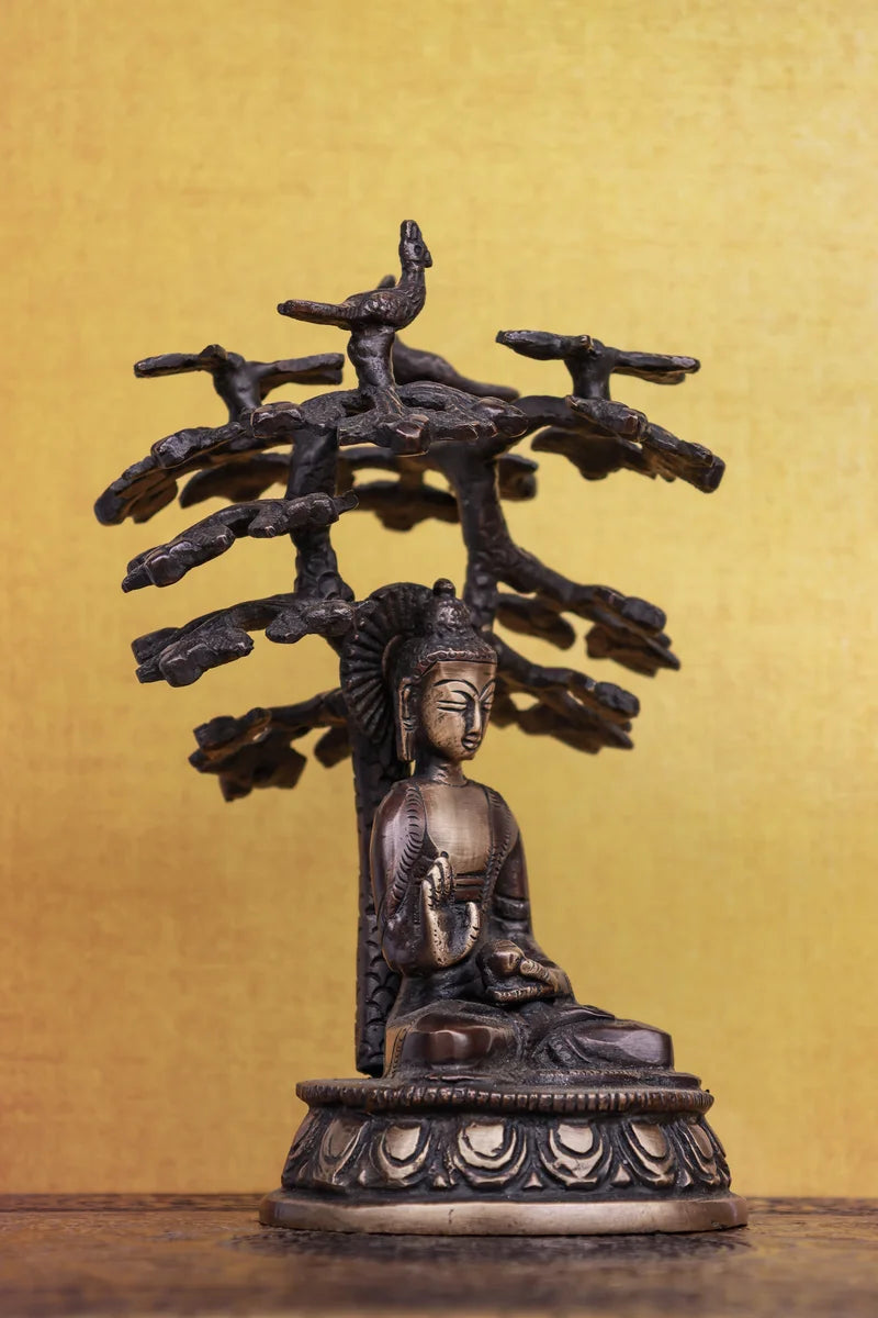 6″ Meditating Buddha Under Bodhi Tree | Handcrafted Brass | Antique Brown Finish