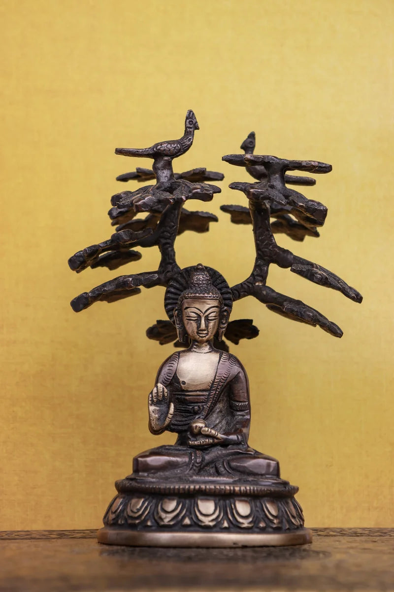 6″ Meditating Buddha Under Bodhi Tree | Handcrafted Brass | Antique Brown Finish
