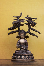 6″ Meditating Buddha Under Bodhi Tree | Handcrafted Brass | Antique Brown Finish