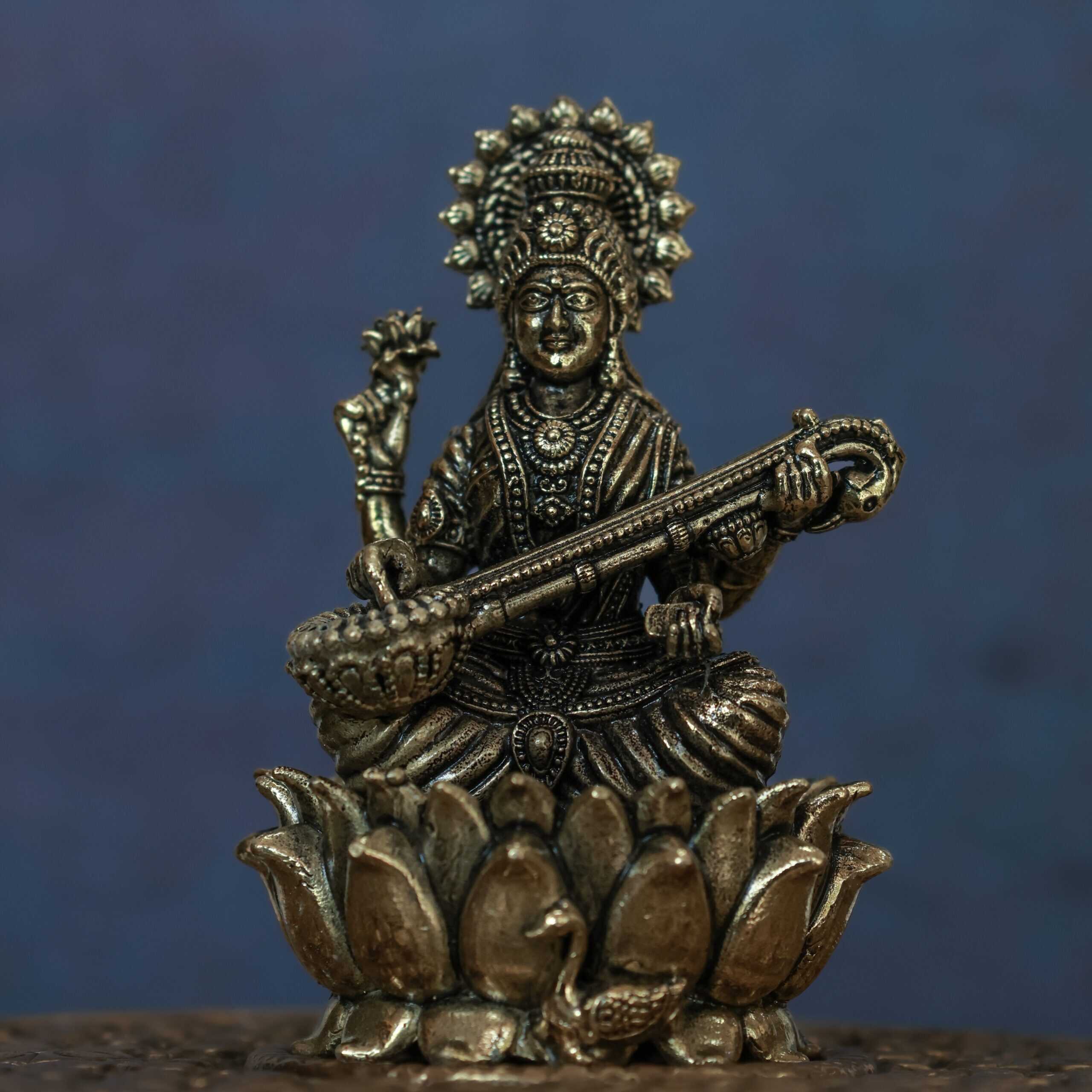 3″ Lotus Saraswathi with Veena | Super-Fine Handcrafted Brass