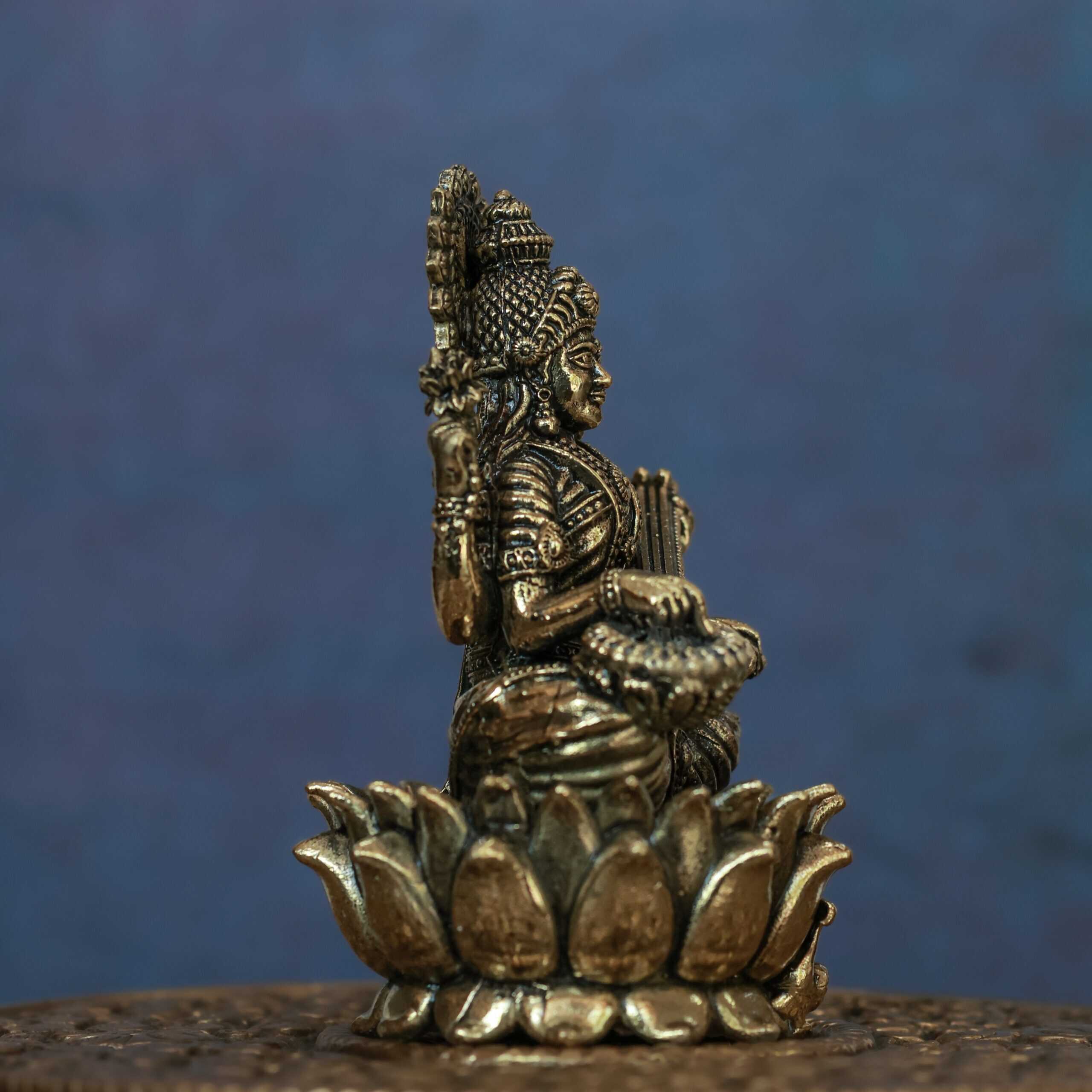 3″ Lotus Saraswathi with Veena | Super-Fine Handcrafted Brass