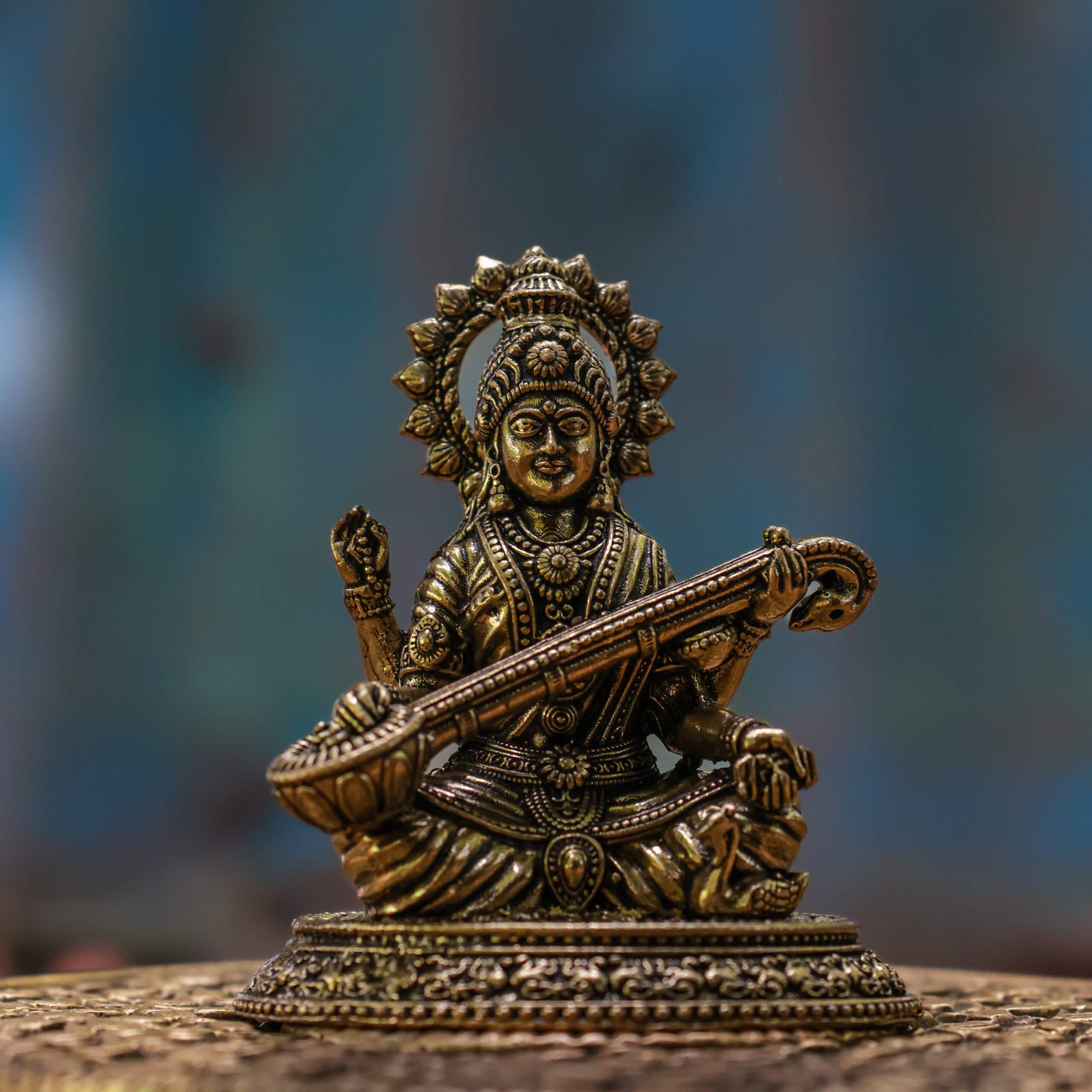 2.5″ Round-Base Saraswati with Veena | Super-Fine Handcrafted Brass