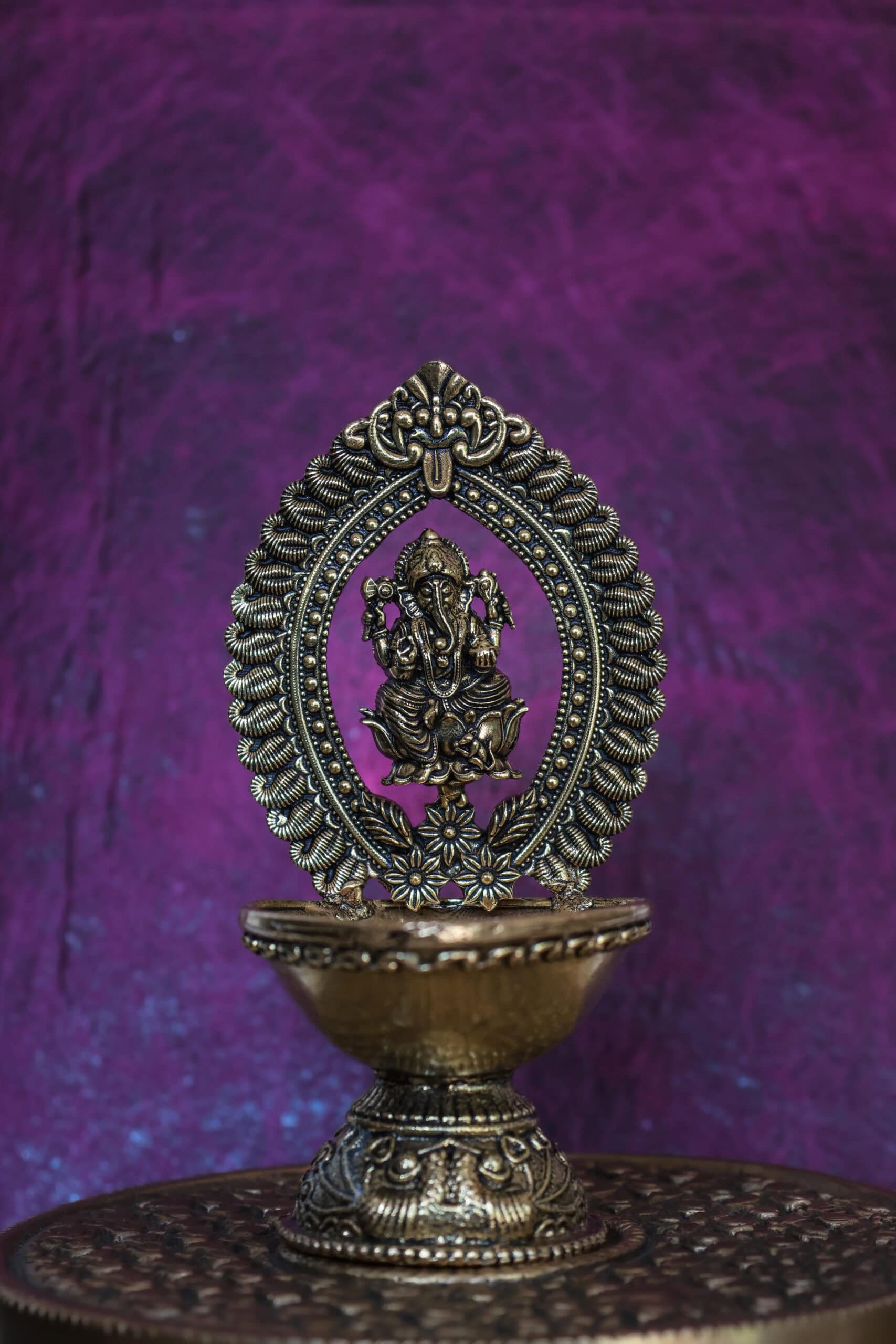 4.5″ Ganesha Pooja Lamp with Arch | Super-Fine Handcrafted Brass