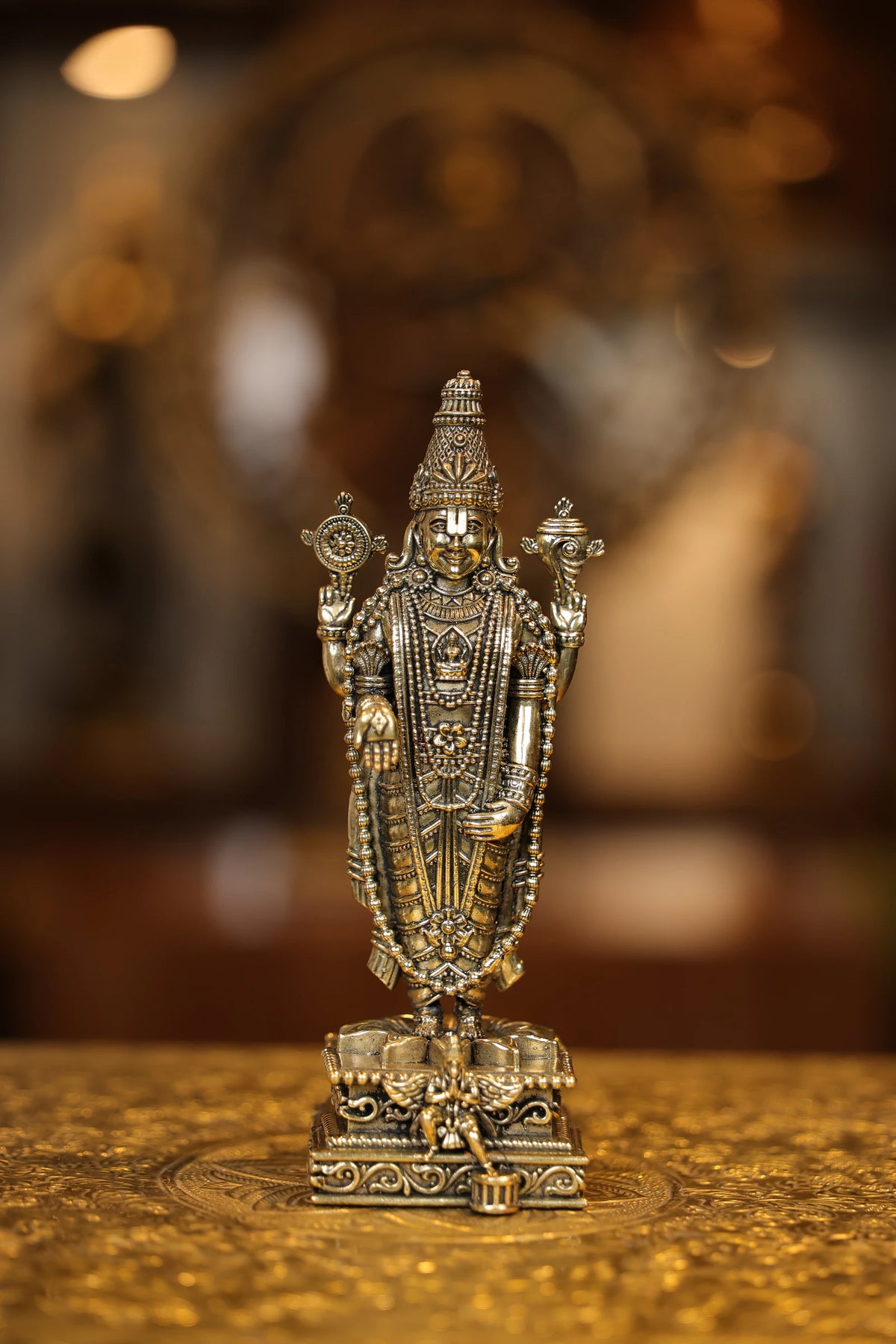 7″ Tirupathi Balaji with Garudan Square Base | Super Fine Brass | Polished Finish