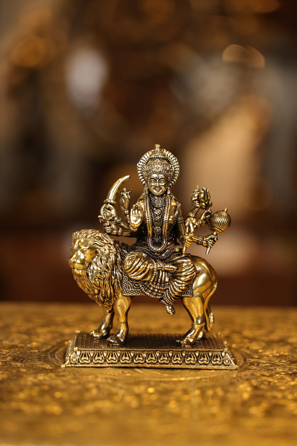 5″ Maa Durga on Lion with Base | Super Fine Brass | Polished Finish