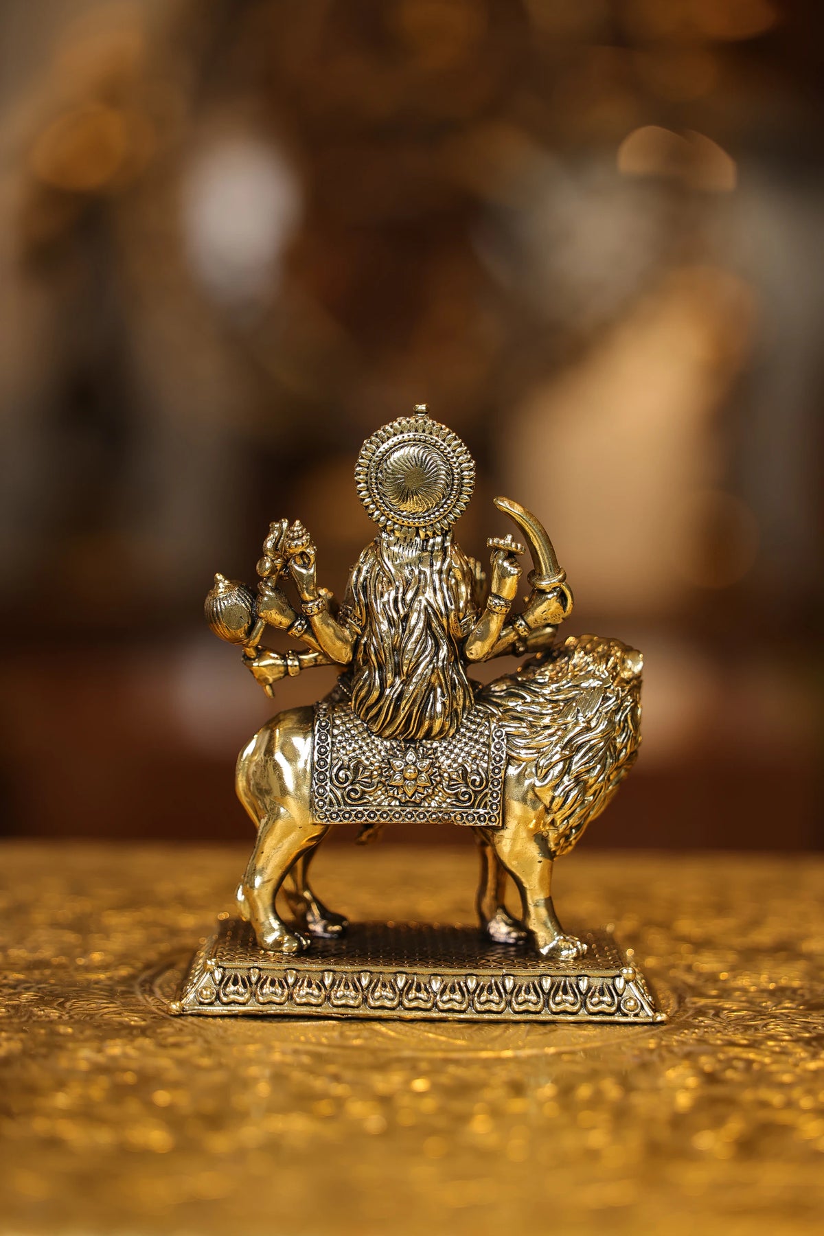 5″ Maa Durga on Lion with Base | Super Fine Brass | Polished Finish — view 4