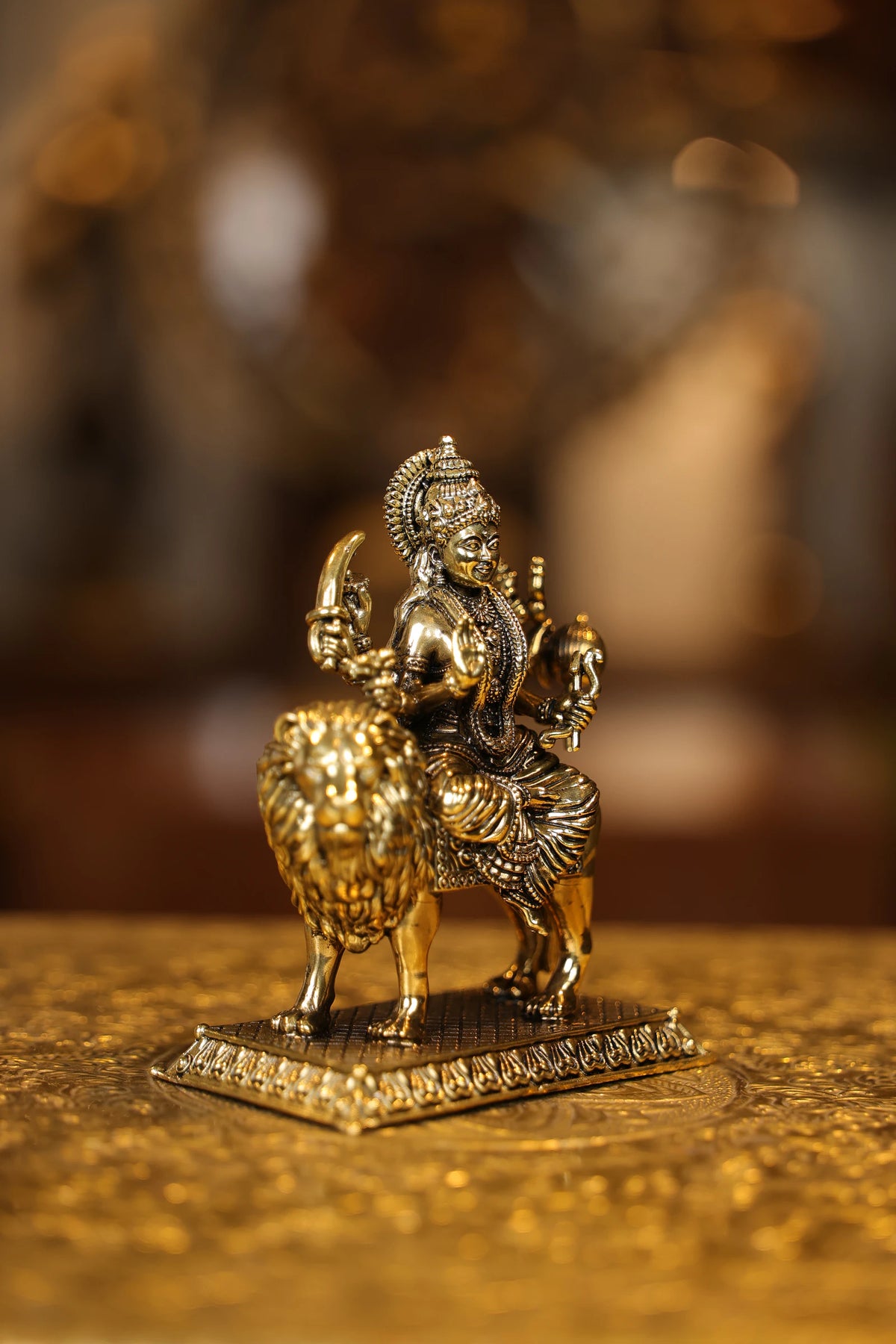 5″ Maa Durga on Lion with Base | Super Fine Brass | Polished Finish — view 5